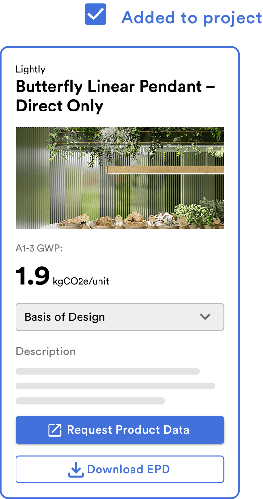 Product card for a Butterfly Linear Pendant light with its global warming potential