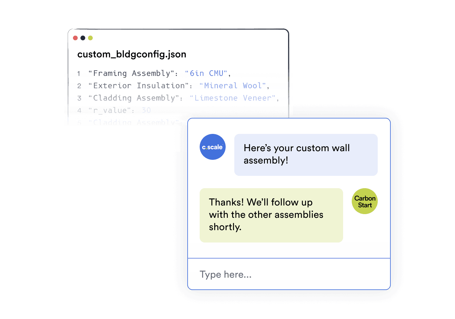 A custom building configuration file beside a chat reply about adding a custom wall assembly
