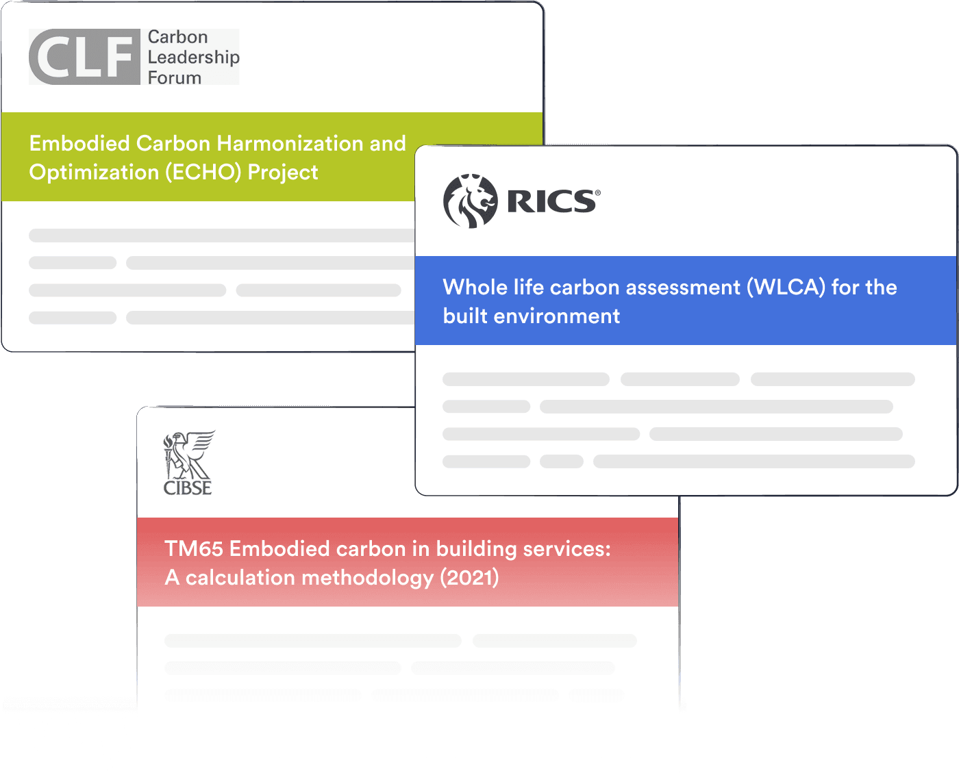 Stacked cards for the CLF ECHO, RICS whole life carbon and TM65 methodologies