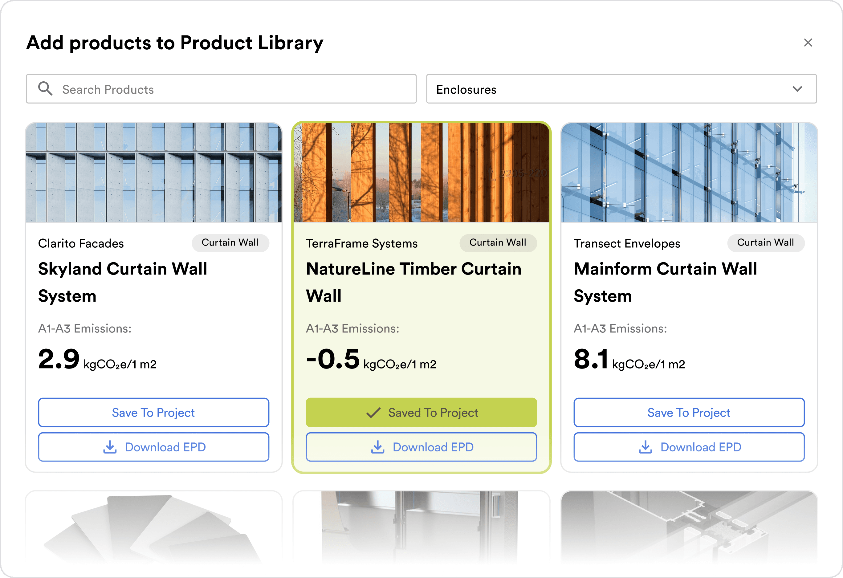 C.Scale product library showing three curtain wall products with their global warming potential