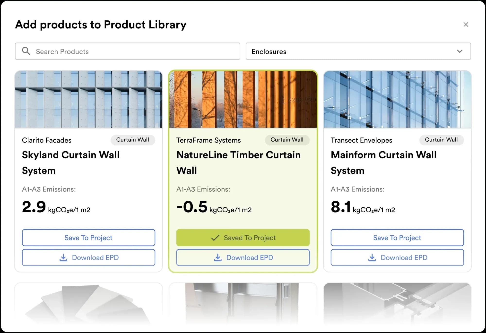 C.Scale's Add products to Product Library window, comparing three curtain wall systems by A1-A3 emissions