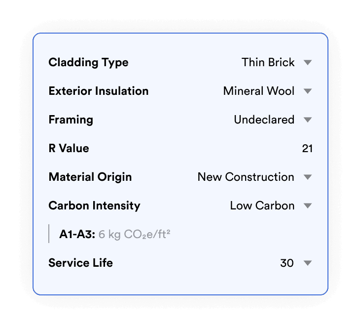 C.Scale assembly properties for cladding, insulation, framing, R value and service life