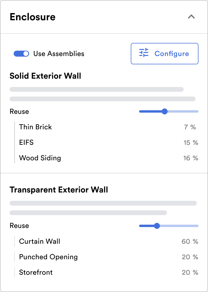 C.Scale Enclosure panel with exterior wall assemblies and reuse percentages