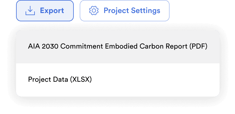 Export and Project Settings buttons above an AIA 2030 report PDF and a project data XLSX