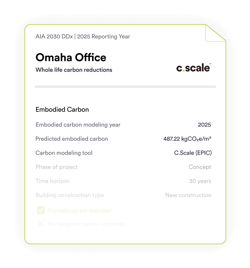 AIA 2030 DDx report for the Omaha Office showing whole life carbon reductions