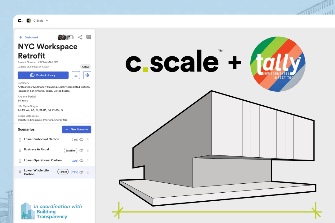 C.Scale and Tally logos beside a C.Scale app screen and a line drawing of a building
