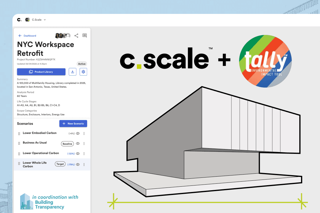 C.Scale and Tally logos beside a C.Scale app screen and a line drawing of a building